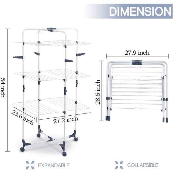 Kingrack Clothes Drying Rack, 3-Tier Folding Indoor Laundry Drying Rack with Wheels 4 Hooks, Metal, White