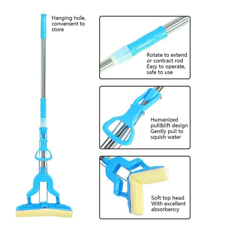 Self-Squeezing PVA Sponge Mop (Hands-Free Roller Mop for Floor Cleaning)