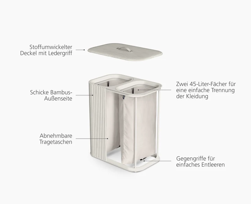 Tota Twin Luxe 90L Wäschetrennkorb mit zwei Fächern mit naturfarbenem Bambus-Finish