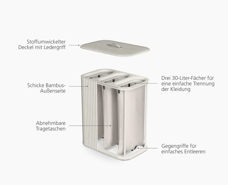 Tota Trio Luxe 90L Wäschetrennkorb mit drei Fächern mit naturfarbenem Bambus-Finish