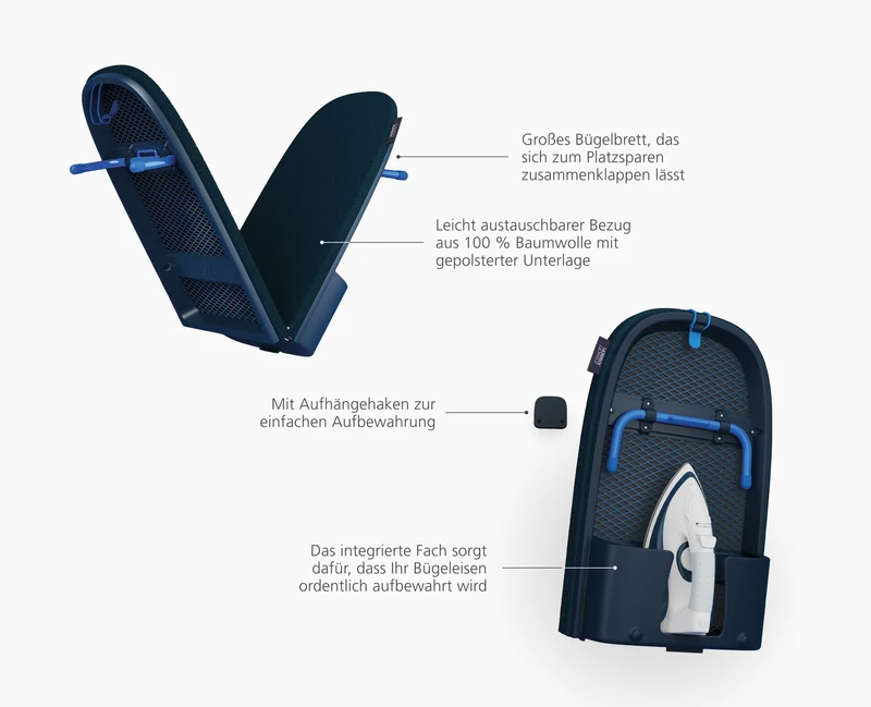 Pocket Max Plus Tischbügelbrett 110cm mit hochwertigem Bezug in Blau