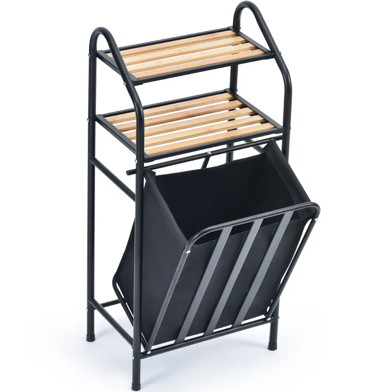 Laundry Tilt-Out Sorter with 2-Tier Shelves and Removable Bag, Laundry Hamper, Black-WK130901C