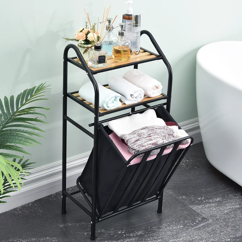 Laundry Tilt-Out Sorter with 2-Tier Shelves and Removable Bag, Laundry Hamper, Black-WK130901C