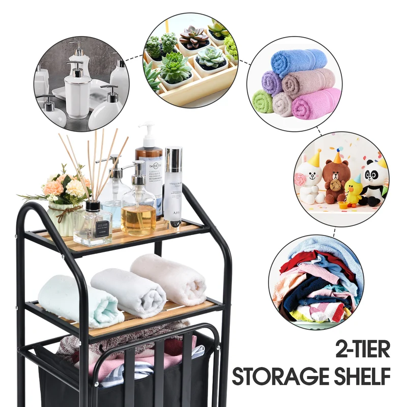 Laundry Tilt-Out Sorter with 2-Tier Shelves and Removable Bag, Laundry Hamper, Black-WK130901C