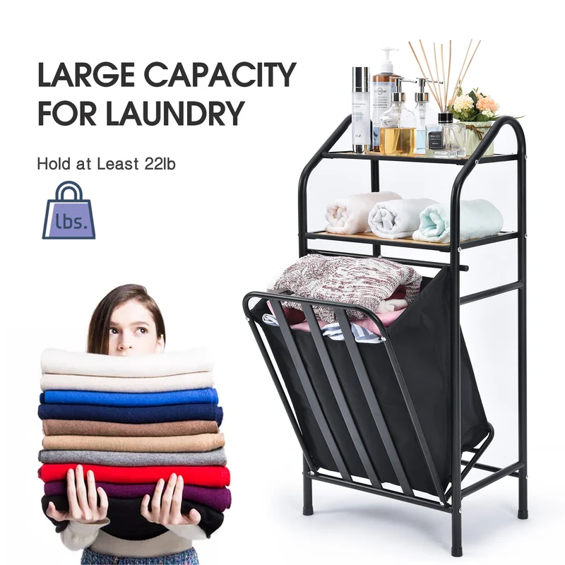 Laundry Tilt-Out Sorter with 2-Tier Shelves and Removable Bag, Laundry Hamper, Black-WK130901C