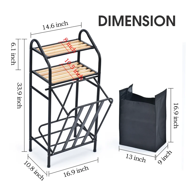 Laundry Tilt-Out Sorter with 2-Tier Shelves and Removable Bag, Laundry Hamper, Black-WK130901C