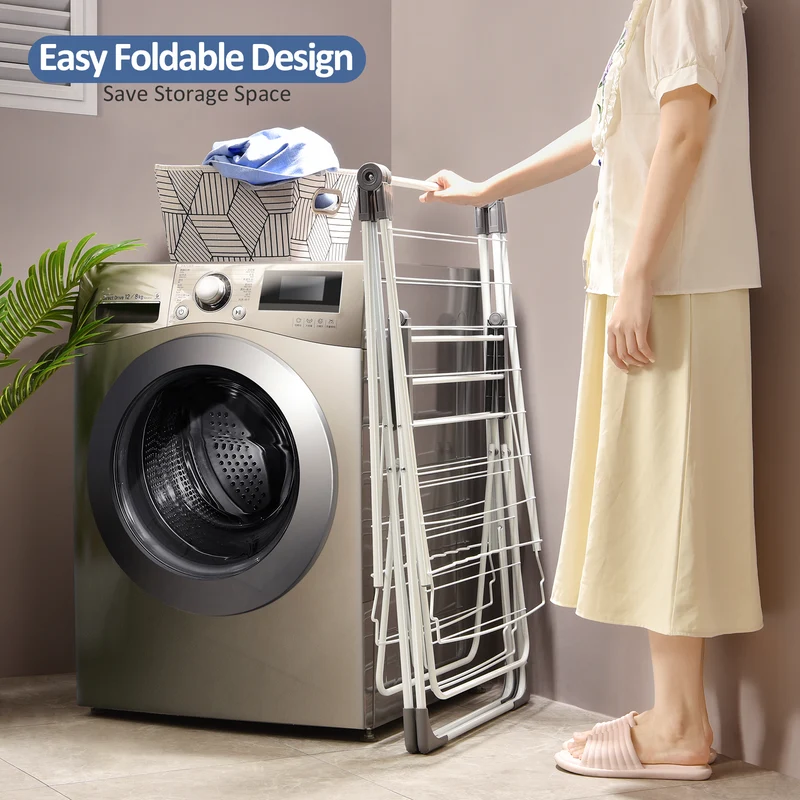 Kingrack Clothes Drying Rack, 2-Tier Folding Drying Rack for Indoor Outdoor Use, Foldable Large Drying Hanger Height-Adjustable Gullwing, 32 Drying Rails, Shoes Holds, Freestanding Laundry Rack,149801