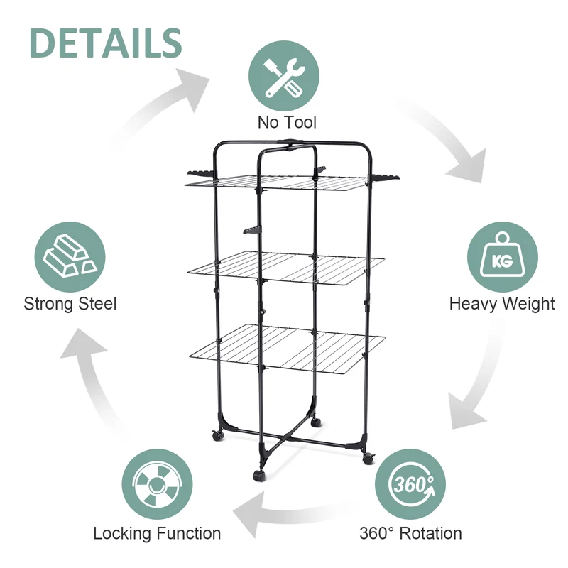 KINGRACK Clothes Drying Rack, 3-Tier Collapsible Laundry Rack Stand Garment Drying Station with Wheels and 4 Hooks, Indoor-Outdoor Use, for for Bed Linen, Clothing, Socks, Scarves, Black,116201H-B