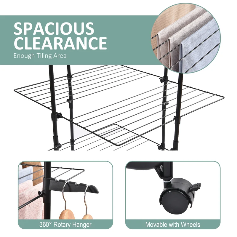 KINGRACK Clothes Drying Rack, 3-Tier Collapsible Laundry Rack Stand Garment Drying Station with Wheels and 4 Hooks, Indoor-Outdoor Use, for for Bed Linen, Clothing, Socks, Scarves, Black,116201H-B