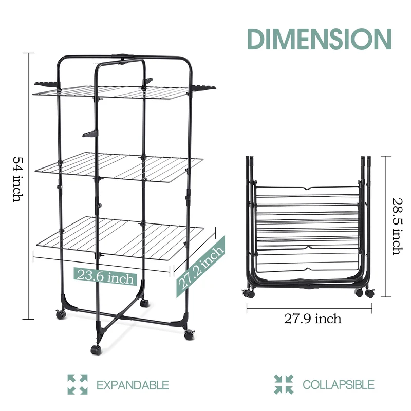 KINGRACK Clothes Drying Rack, 3-Tier Collapsible Laundry Rack Stand Garment Drying Station with Wheels and 4 Hooks, Indoor-Outdoor Use, for for Bed Linen, Clothing, Socks, Scarves, Black,116201H-B
