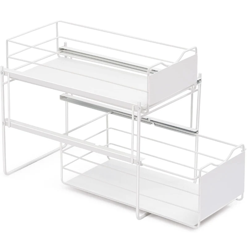 KINGRACK Stackable 2-Tier Cabinets Organizer With Sliding Storage Drawer, Under Sink Organizer, Pull Out Cabinets Home Organizer Shelf, Sliding Storage Basket Organizer, White,WK810351 -W