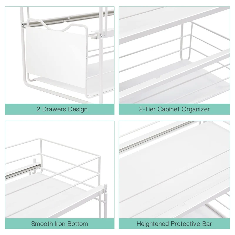 KINGRACK Stackable 2-Tier Cabinets Organizer With Sliding Storage Drawer, Under Sink Organizer, Pull Out Cabinets Home Organizer Shelf, Sliding Storage Basket Organizer, White,WK810351 -W