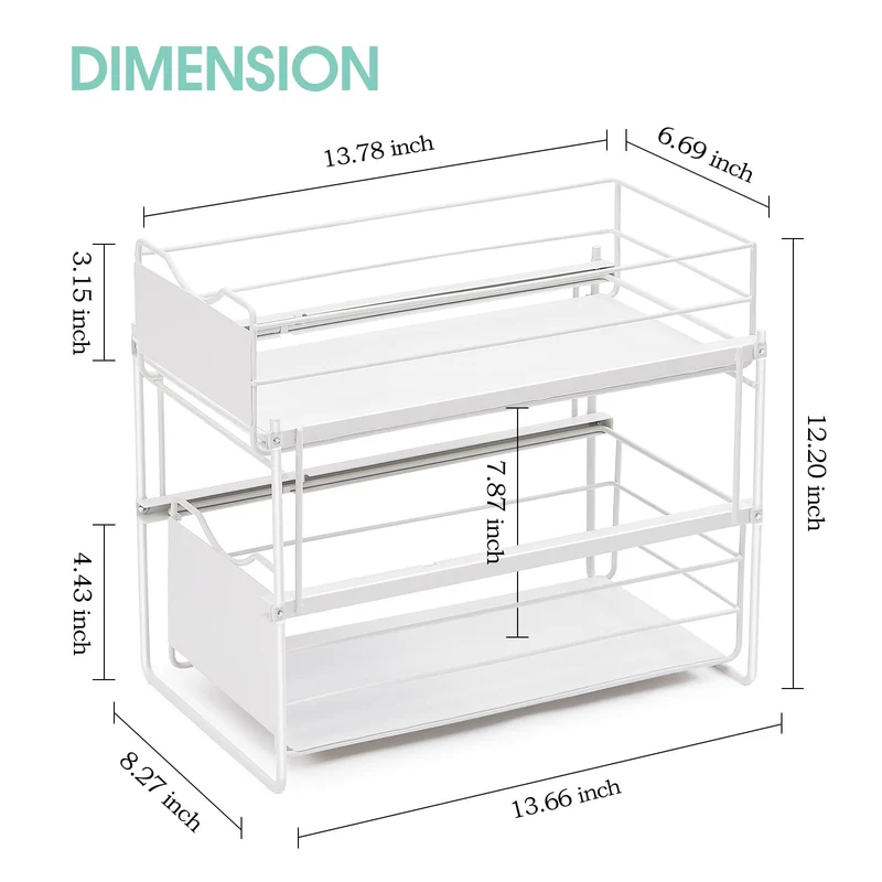 KINGRACK Stackable 2-Tier Cabinets Organizer With Sliding Storage Drawer, Under Sink Organizer, Pull Out Cabinets Home Organizer Shelf, Sliding Storage Basket Organizer, White,WK810351 -W