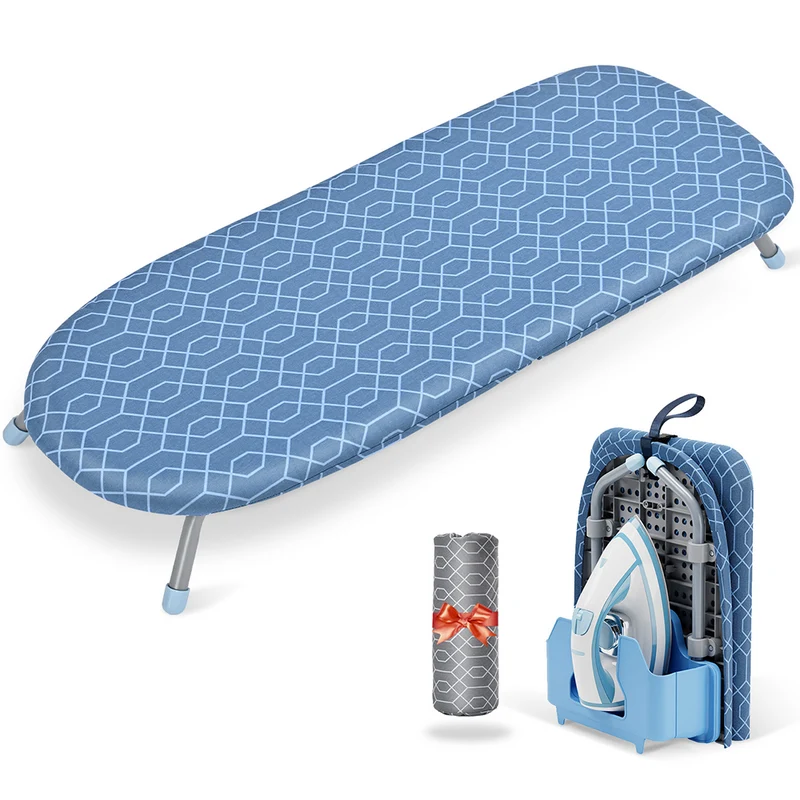 KK KINGRACK Ironing Board, Small Tabletop Ironing Board with Iron Holder, Foldable&Space-Saving, Blue＋Gray