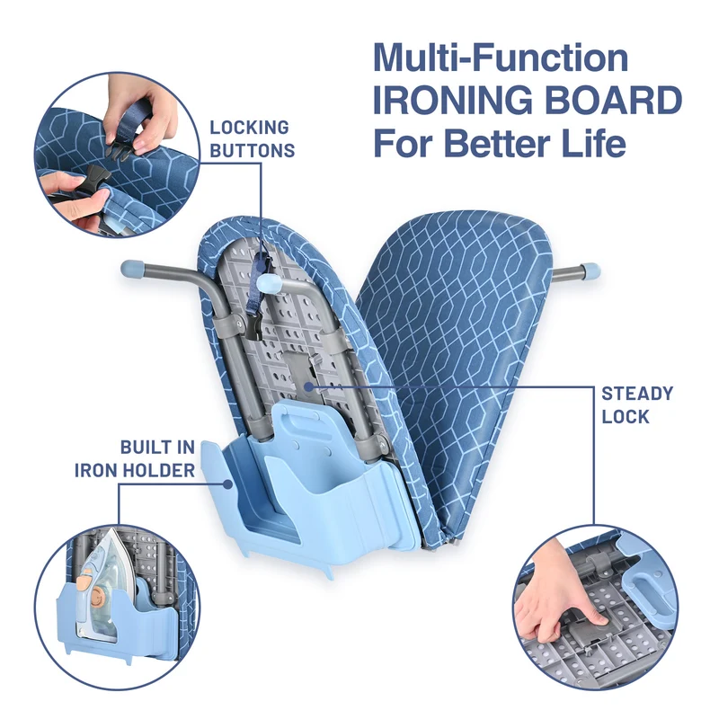 KK KINGRACK Ironing Board, Small Tabletop Ironing Board with Iron Holder, Foldable&Space-Saving, Blue＋Gray