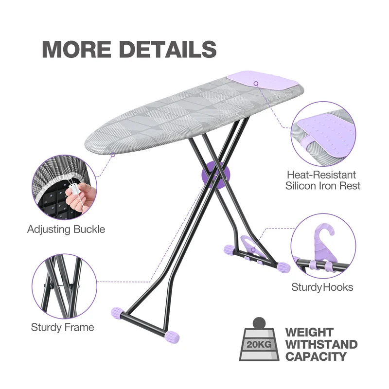 KK KINGRACK Ironing Board, Iron Board Full Size with Hanger & Rotating Nonslip Feet, 7 Level Height Adjustable, 43x13 in, Gray