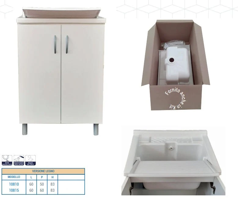 Mobile lavatoio legno+resina 60x50 Completo Di Vasca Sifone E Asse Lavapanni Bianco