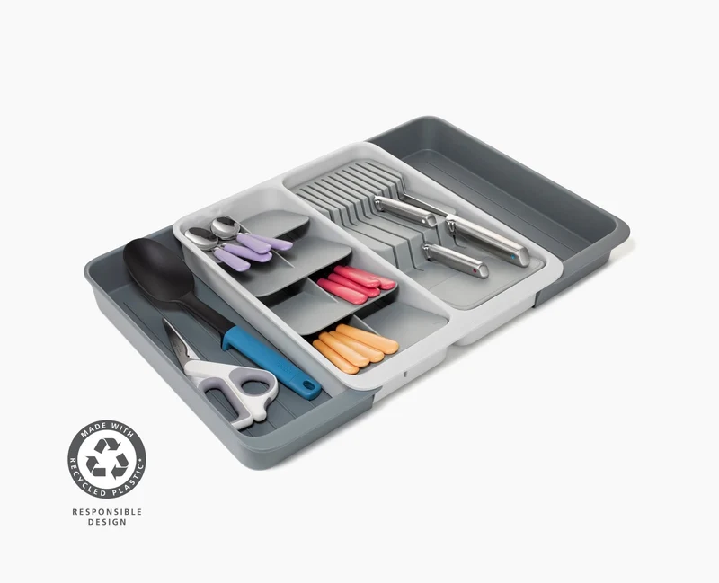 DrawerStore™ Gestufter, erweiterbarer Besteck-, Küchenzubehör- und Messer-Organizer aus recyceltem Plastik