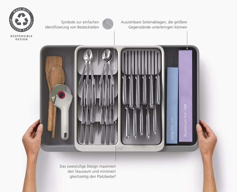 DrawerStore™ Gestufter, erweiterbarer Besteck-, Küchenzubehör- und Messer-Organizer aus recyceltem Plastik