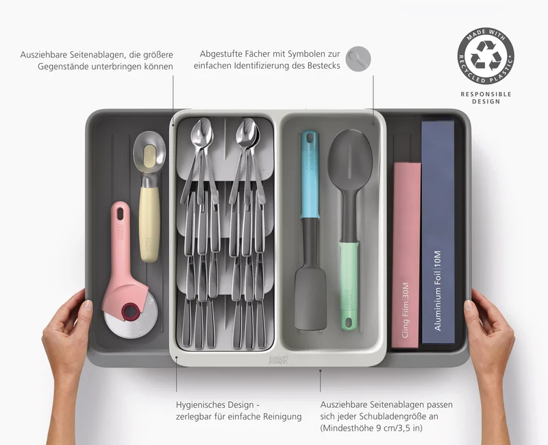 DrawerStore™ Gestufter, erweiterbarer Besteck- und Küchenzubehör-Organizer aus recyceltem Plastik