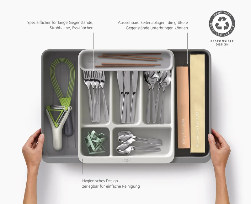 DrawerStore™ Erweiterbarer Besteck- und Küchenzubehör-Organizer aus recyceltem Plastik