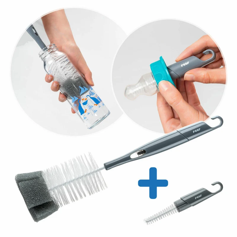 reer 2in1 Flaschen- und Saugerbürste, Reinigungsbürste, Bürste, Fläschen, Spülbürste, Schwamm, Grau / Weiß, 21031