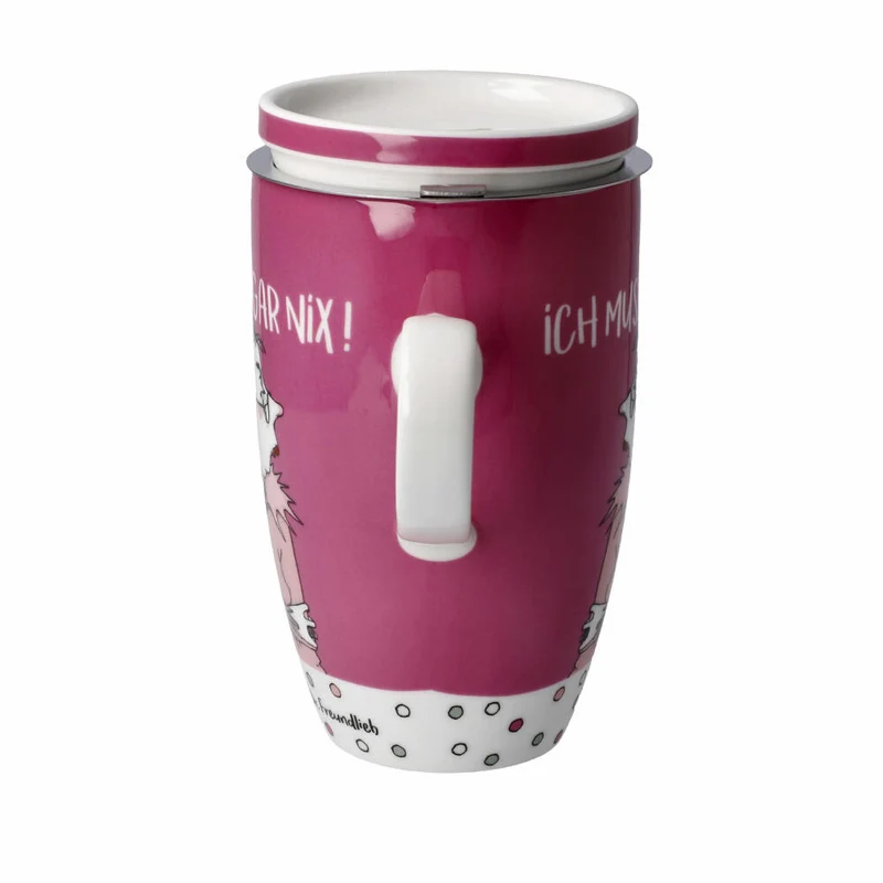 Goebel Teetasse mit Deckel und Sieb Barbara Freundlieb - Ich muss gar nix, Fine Bone China, Bunt, 450 ml, 27001251