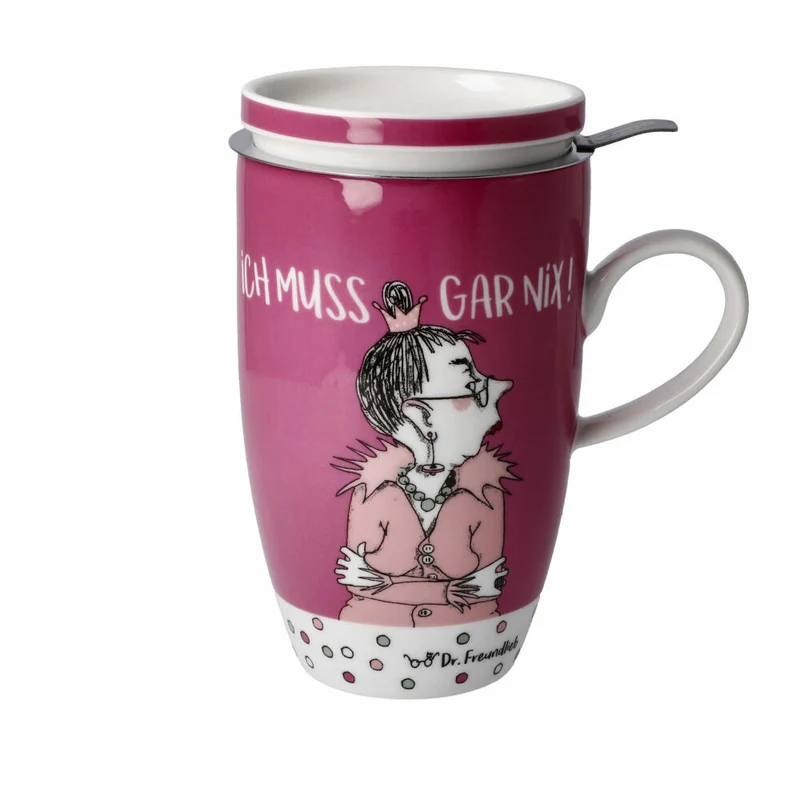 Goebel Teetasse mit Deckel und Sieb Barbara Freundlieb - Ich muss gar nix, Fine Bone China, Bunt, 450 ml, 27001251
