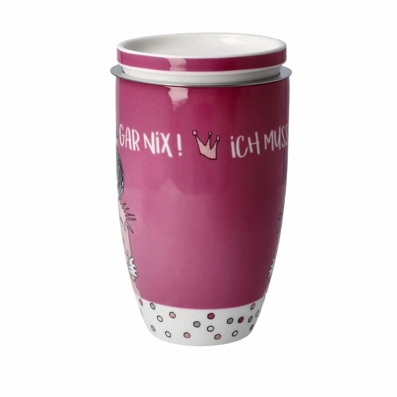 Goebel Teetasse mit Deckel und Sieb Barbara Freundlieb - Ich muss gar nix, Fine Bone China, Bunt, 450 ml, 27001251
