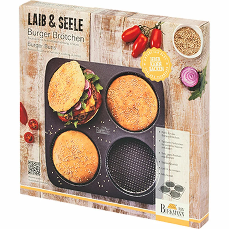 Birkmann Burgerbrötchenblech Laib und Seele, Brötchenblech, Burger Blech, für 4 Burger Ø 12 cm, Karbonstahl, Schwarz, 28x 28 cm, 210387