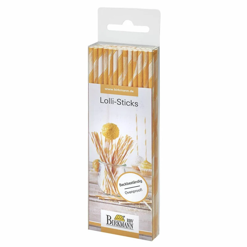 Birkmann Lolli Sticks, 48 Lolli-Sticks für CakePops, Stiele, Kuchenlollistäbe, Stäbe, Stäbchen, Papier, Orange Gestreift, 15 cm, 443235