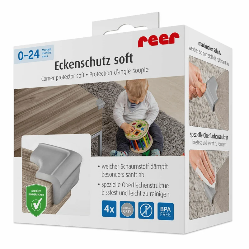 reer Eckenschutz Soft, 4er Set, Ecken Schutz, Kantenschutz, Stoßschutz, Kinder Sicherung, Grau, 82031