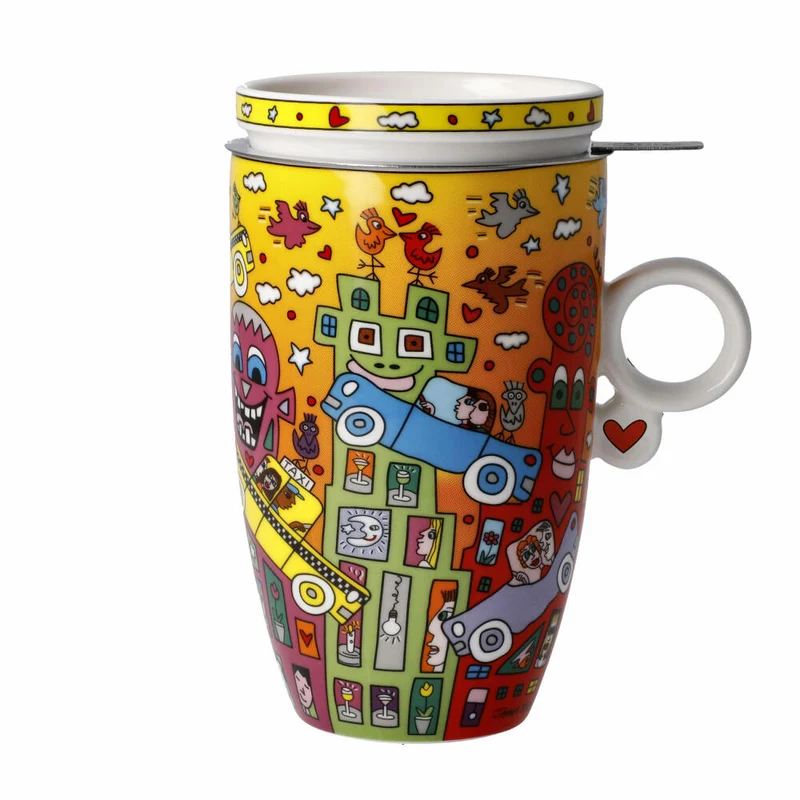 Goebel Teetasse mit Deckel und Sieb James Rizzi - Not Getting Around the Traffic, Pop Art, Fine Bone China, Bunt, 450 ml, 26103161