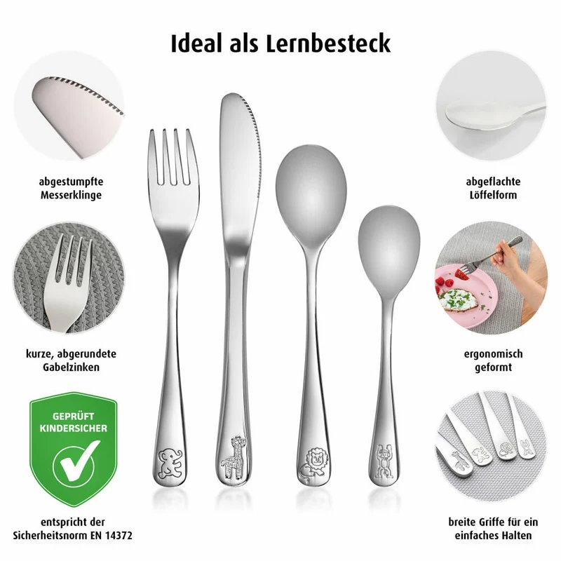 reer Growing Edelstahl-Besteck, 4-tlg., Kinder Besteck, Messer, Löffel, Gabel, Edelstahl, 22238