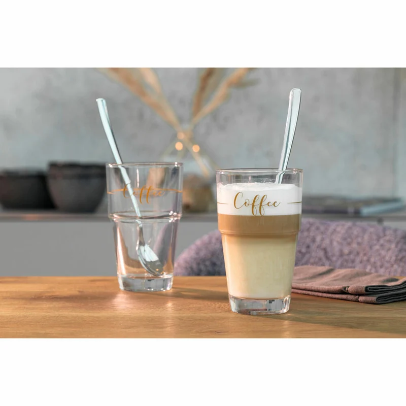 Leonardo Becher Coffee Solo 2er-Set + 2 Löffel, Kaffeebecher, Gläser, Kalk-Natron Glas, mehrfarbig, 410 ml, 043477