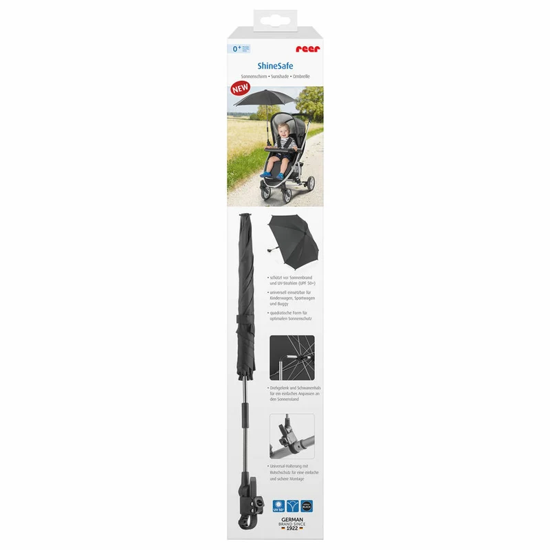 reer ShineSafe Kinderwagen-Sonnenschirm, Sonnen Schirm, Sonnenschutz, UV Schutz, Kinderwagen, Schwarz, 84151