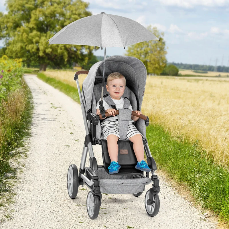 reer ShineSafe Kinderwagen-Sonnenschirm, Sonnen Schirm, Sonnenschutz, UV Schutz, Kinderwagen, Grau Melange, 84181