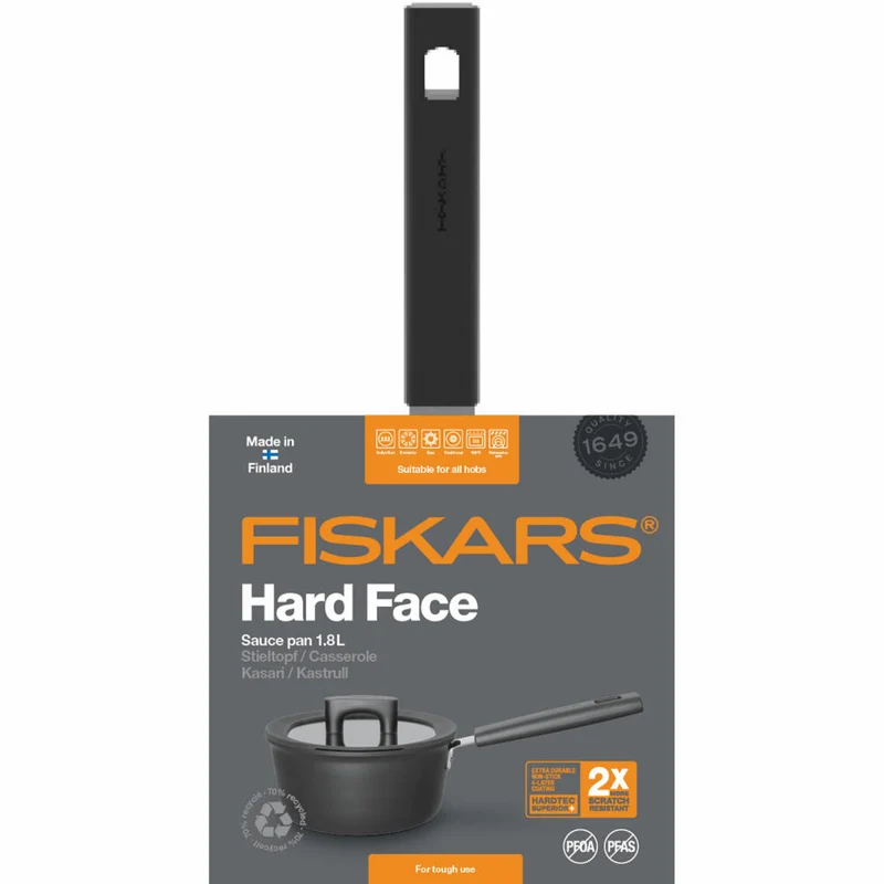 Fiskars Hard Face Stieltopf, mit Deckel, Kochtopf, Koch Topf, Aluminium, Schwarz, 1.8 L, Ø 18 cm, 1052226