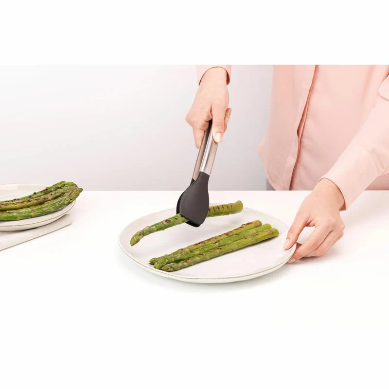 Brabantia Küchenzange Non-Stick Profile, Küchenhelfer, Grillzange, Stahl / Kunststoff, Matt Steel, 27.2 cm, 250989