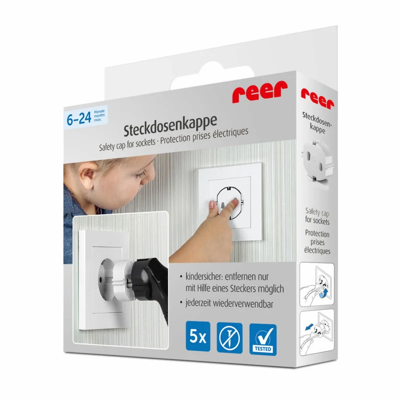 reer Steckdosenkappe, 5er Set, Steckdosenschutz, Kindersicherung, Kinder Sicherung, Weiß, 2907