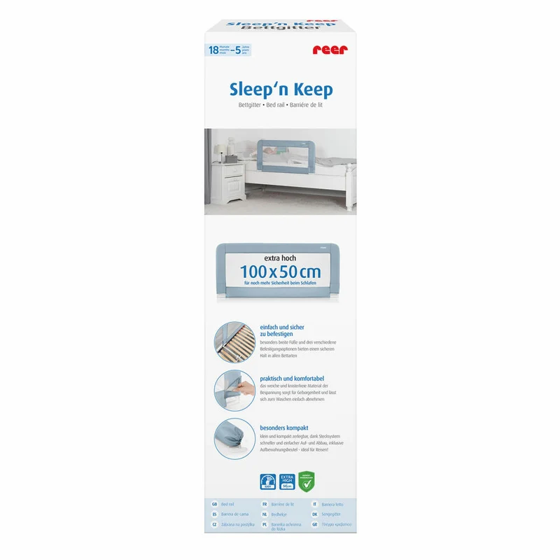 reer Sleep n Keep Bettgitter, Rausfallschutz für Bett, Schutzgitter, Blaugrau Länge 100 cm, 45101