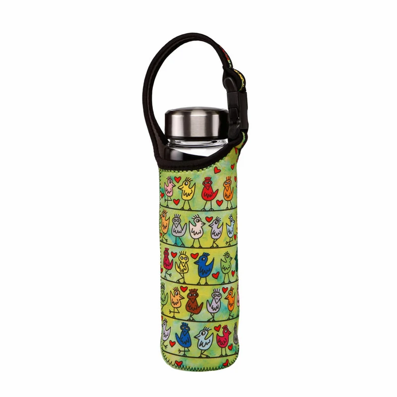 Goebel Trinkflasche James Rizzi - Birds on a Love Wire, Pop Art, Glasflasche mit Neoprenhülle, Glas-Kombi, Bunt, 700 ml, 26103021