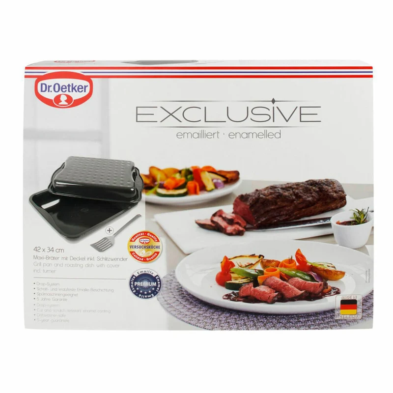 Dr. Oetker Maxi-Bräter Exclusive 3-tlg. mit Wender, Bräter mit Deckel, Stahlblech, Grau-Braun, 4528