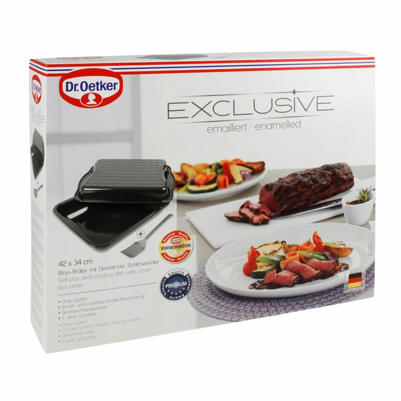 Dr. Oetker Maxi-Bräter Exclusive 3-tlg. mit Wender, Bräter mit Deckel, Stahlblech, Grau-Braun, 4528