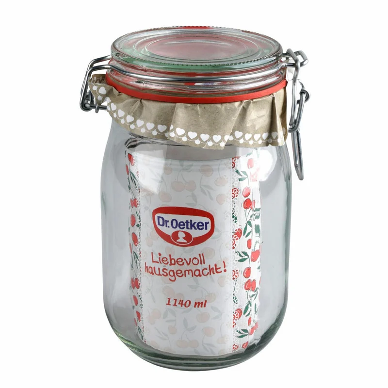 Dr. Oetker Bügelverschlussglas 1140 ml, Liebevoll Hausgemacht, Einmachglas, Glas, Transparent, Rot, 1550