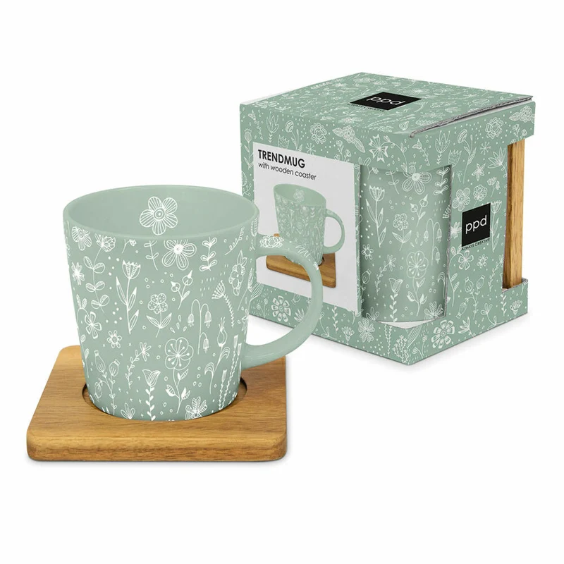 PPD Pure Flower Eucalyptus Trend Mug Nature, mit Holzuntersetzer, Tasse, Teetasse, Kaffee Becher, 350 ml, 604308