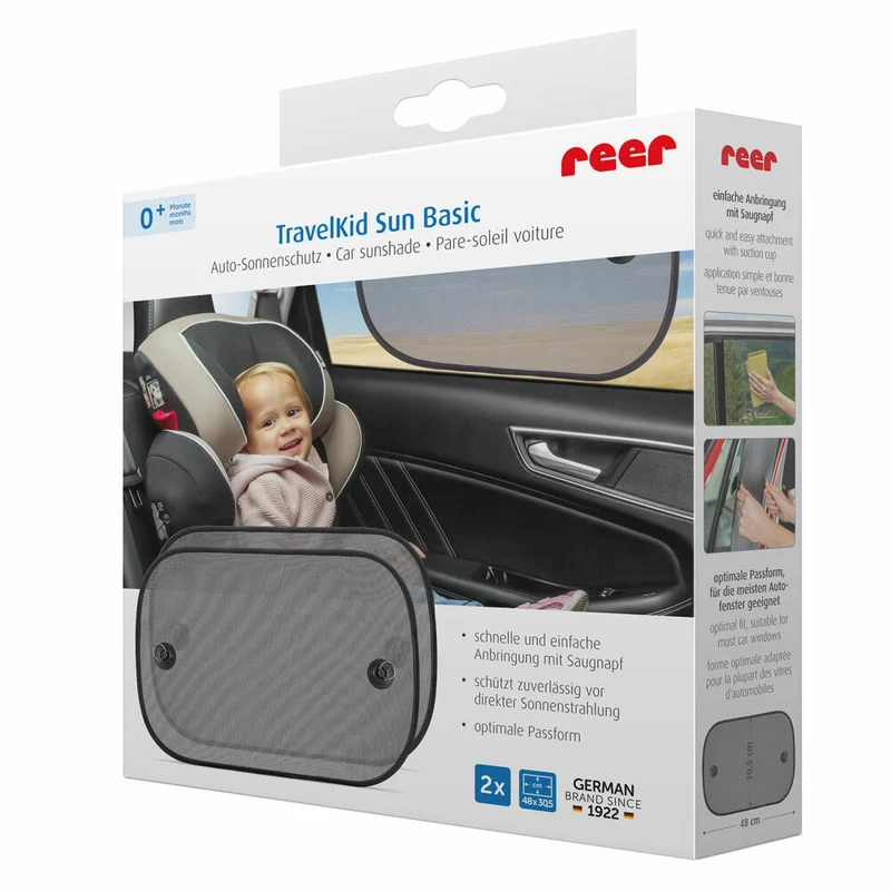reer TravelKid Sun Basic Auto-Sonnenschutz, 2er Set, Sonnenschutz, Blendschutz, Sichtschutz, UV Schutz, Auto, 86141