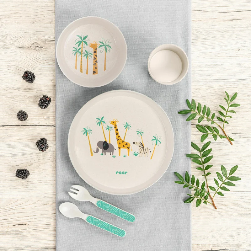 reer Growing Geschirr-Set WildLife, 5-tlg., Kindergeschirr, Teller, Löffel, Gabel, Becher, Schale, 22010