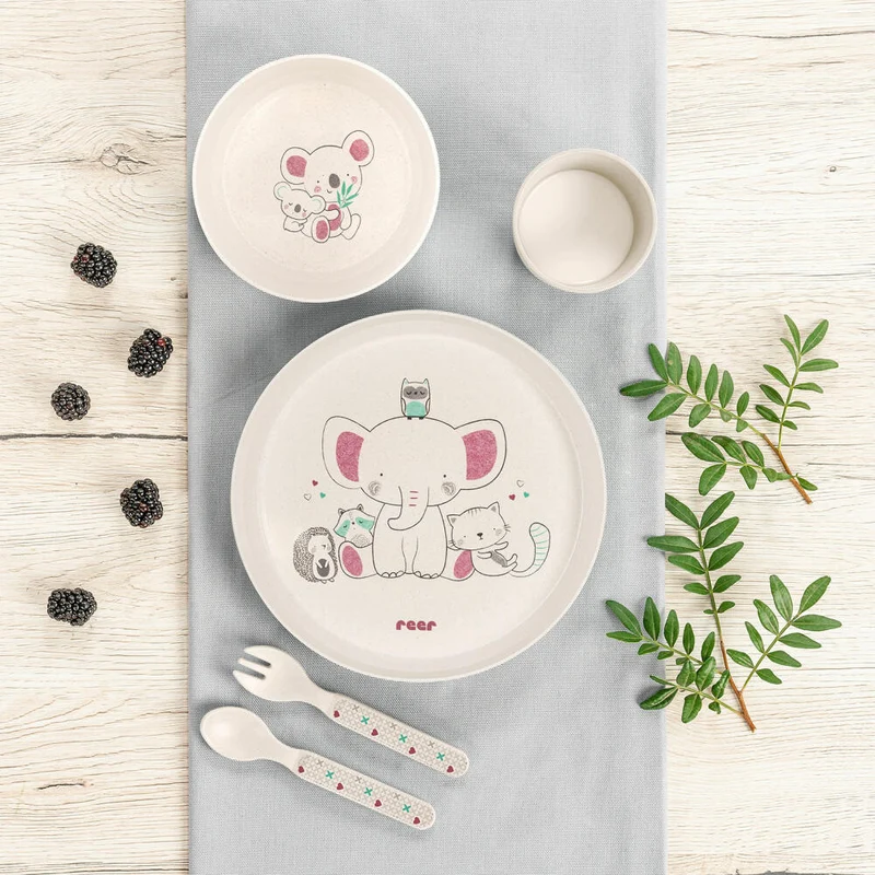 reer Growing Geschirr-Set LovelyFriends, 5-tlg., Kindergeschirr, Teller, Löffel, Gabel, Becher, Schale, 22020