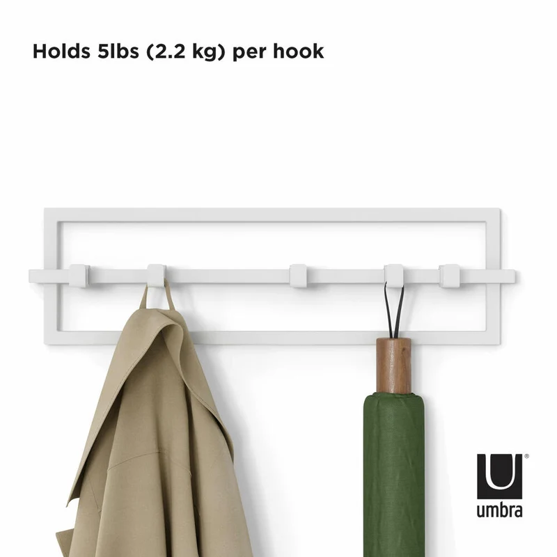 Umbra Garderobenhaken Cubiko 5, Wandgarderobe, Garderobenleiste, 5 bewegliche Haken, Stahl, Weiß, 1016881-660